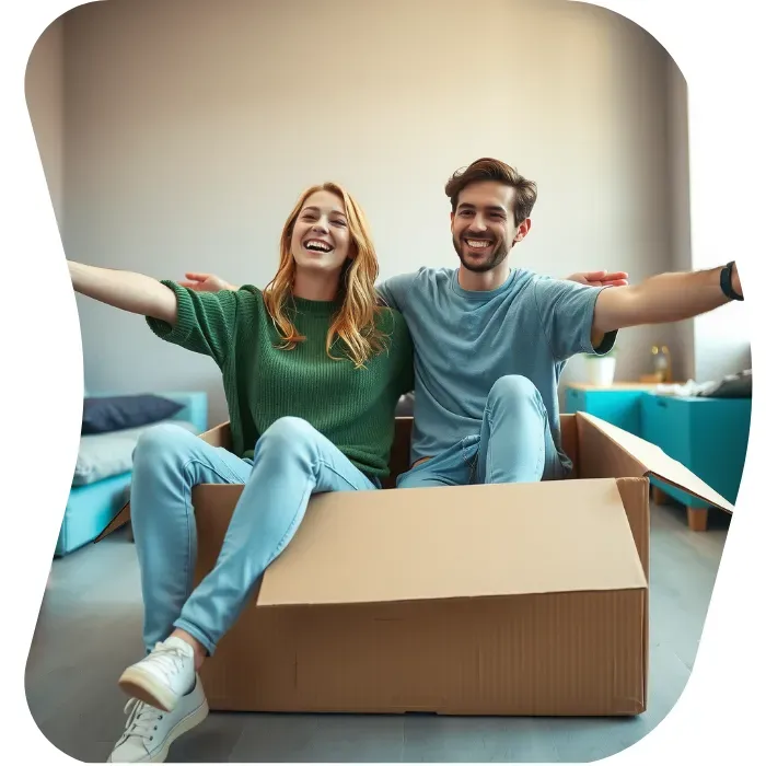 Two guys sitting on the floor of their apartment with Muval moving boxes